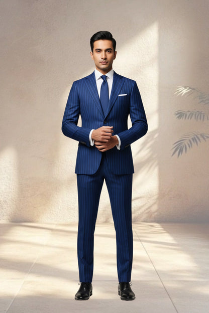 Man wearing a blue pinstripe suit standing against a neutral background