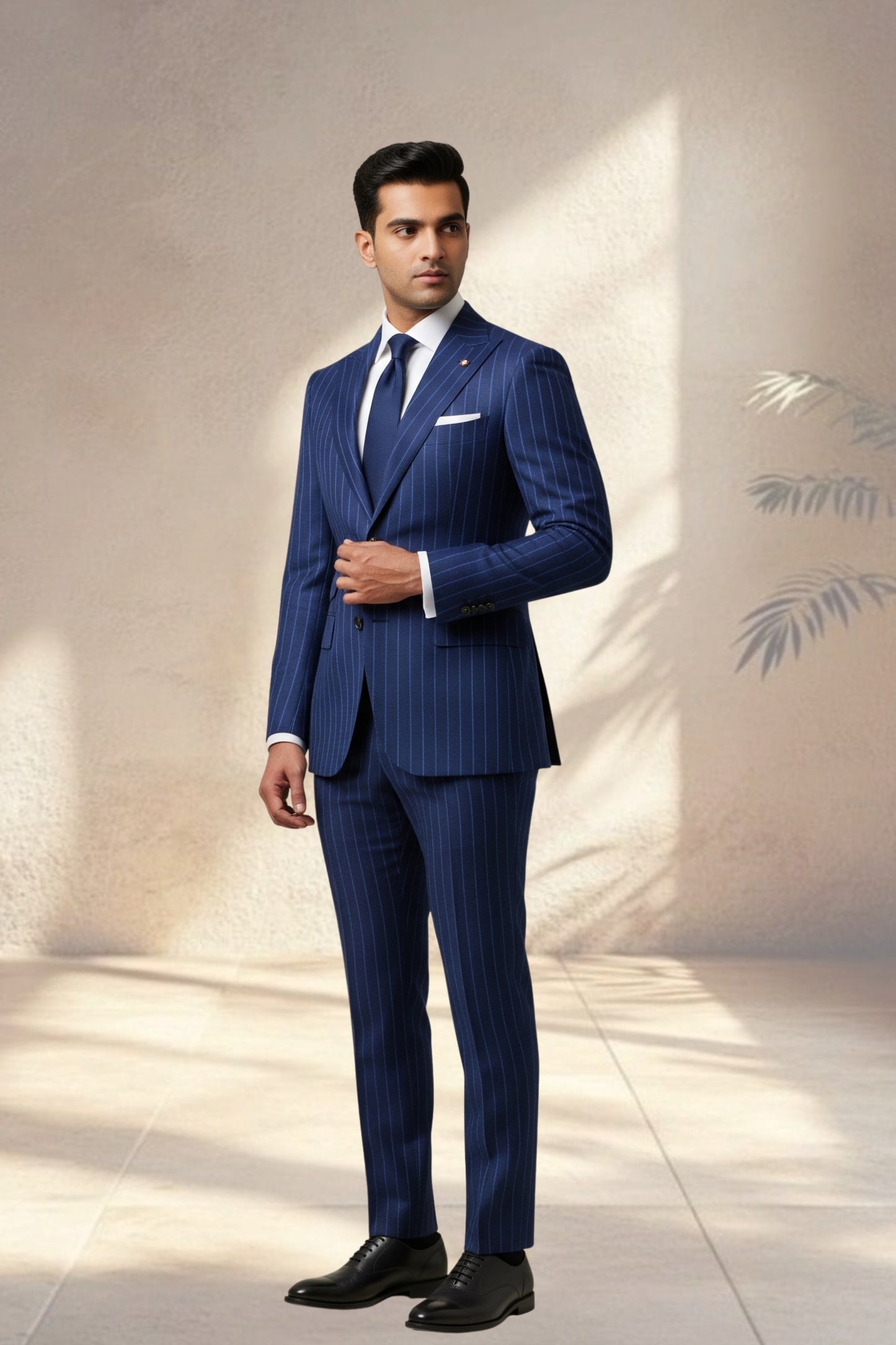 Man wearing a blue pinstripe suit with a white shirt and black shoes against a neutral background