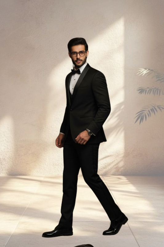 Man in a black tuxedo standing against a light background