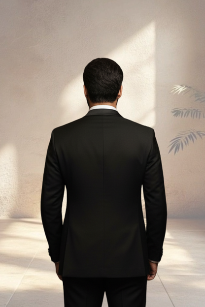 Man wearing a black suit standing in a room with light streaming through a window.