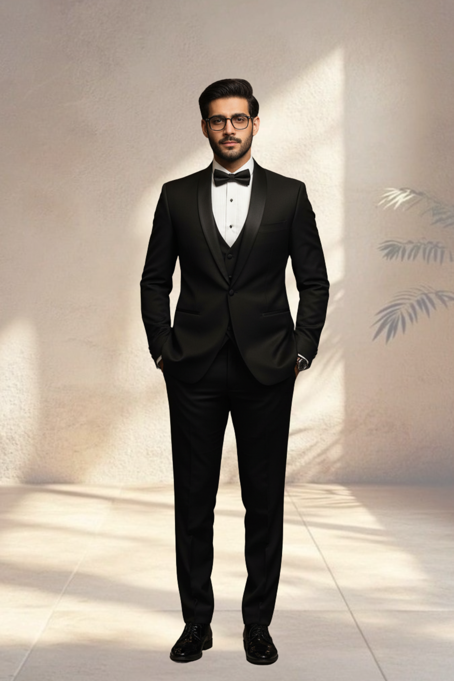 Man wearing a black tuxedo with a white shirt and bow tie against a neutral background