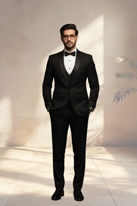Man wearing a black tuxedo with a white shirt and bow tie against a neutral background