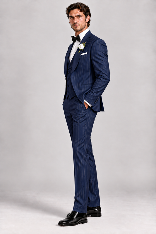 Navy Pinstripe 3-piece suit for men by BluTailor – front view