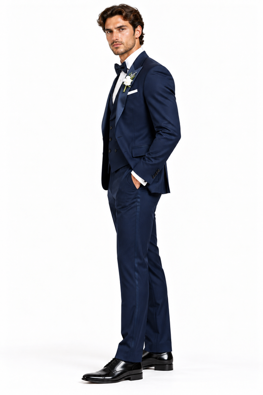 Navy Blue 3-piece tuxedo for men by BluTailor – side view