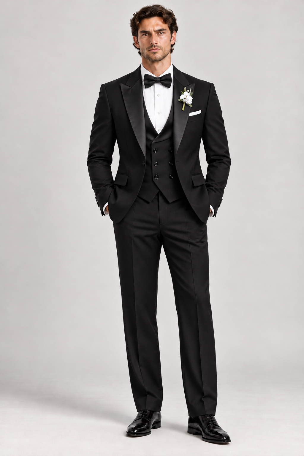 Black 3-piece tuxedo for men by BluTailor – detail view