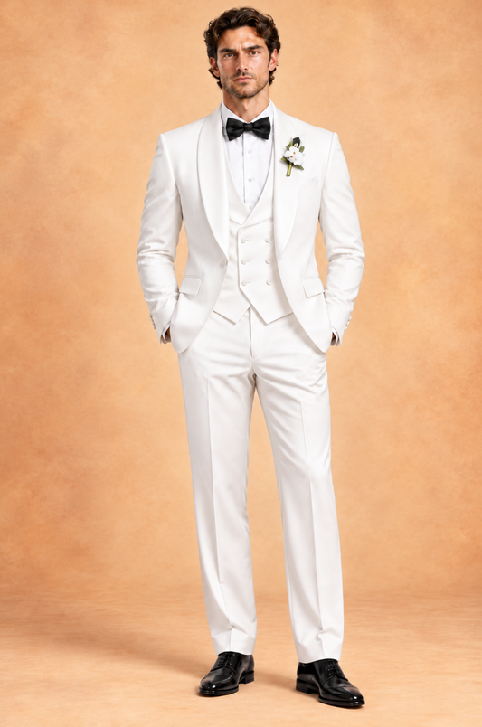 White 3-piece tuxedo for men by BluTailor – back view