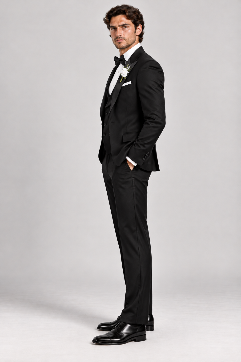 Black 3-piece tuxedo for men by BluTailor – side view