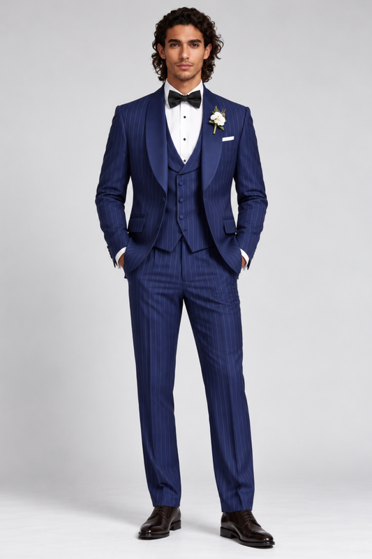 A stylish foreign man confidently wearing a tailored pinstripe suit by Blutailor, showcasing a modern and sophisticated look. The suit features sharp lines and a sleek silhouette, perfectly complementing his unique style.