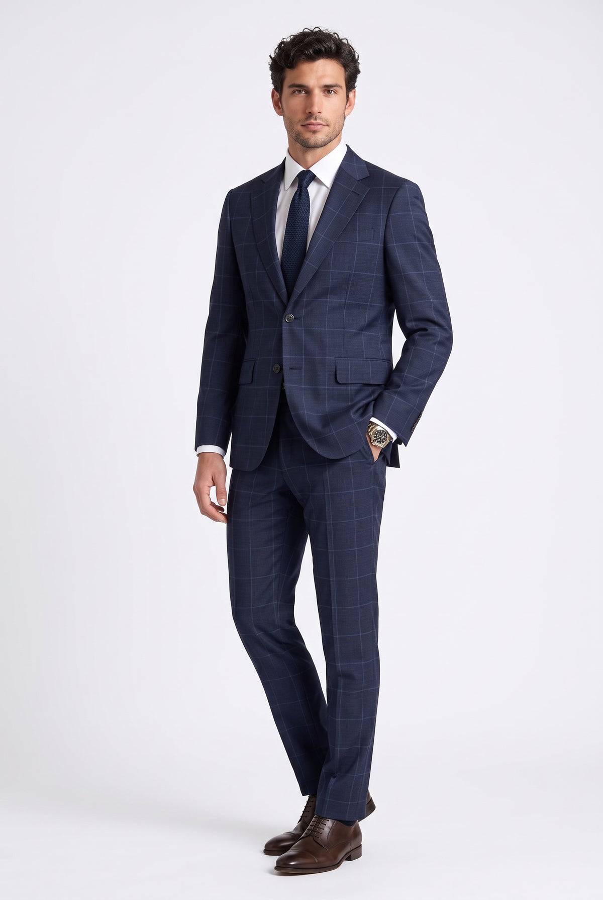 BLUTAILOR – Navy Windowpane Check Suit for Men | Custom Tailored Suit