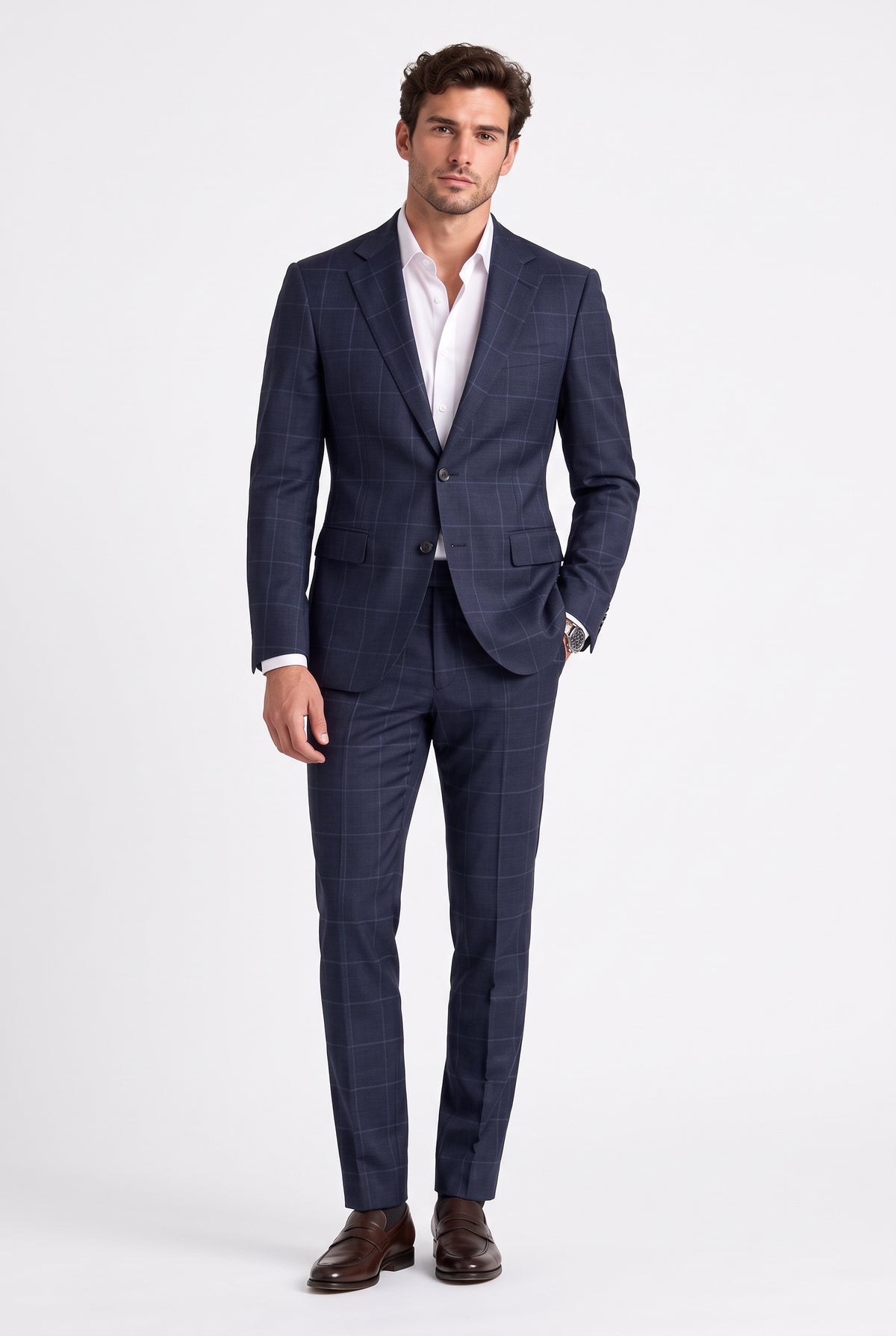 BLUTAILOR – Navy Windowpane Check Suit for Men | Custom Tailored Suit